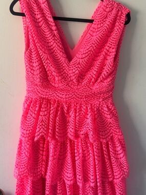 Lilly Pulitzer Hot Pink Lace Tiered V-Neck Dress